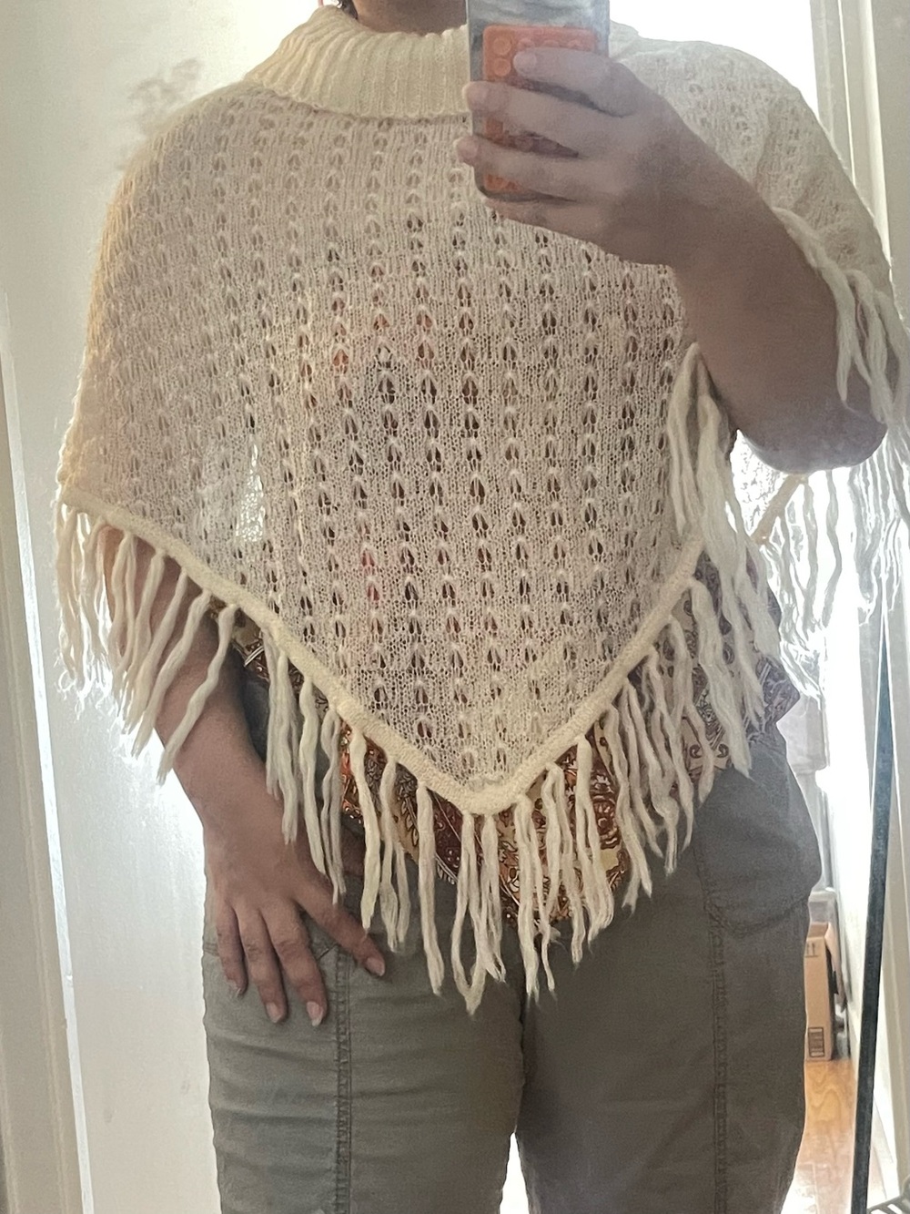 Cream Fringe Knit Poncho Cape with Ribbed Collar - Women Jackets & Coats
